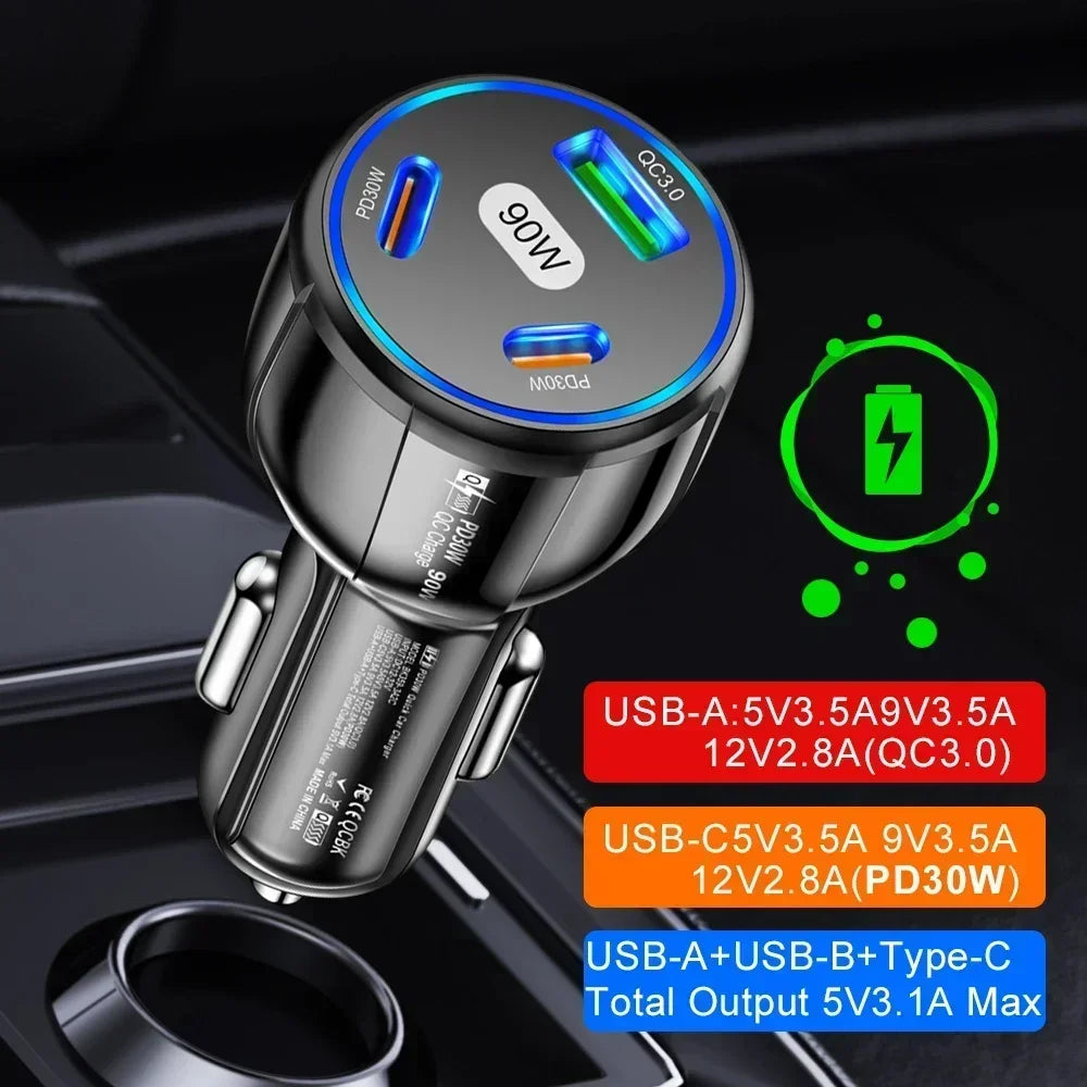 USB Car Charger Quick Charge 90W 3-in-1 QC3.0 PD Moblie Phone Fast Charging Type C Car Quick Charget Adapter Car Accessories