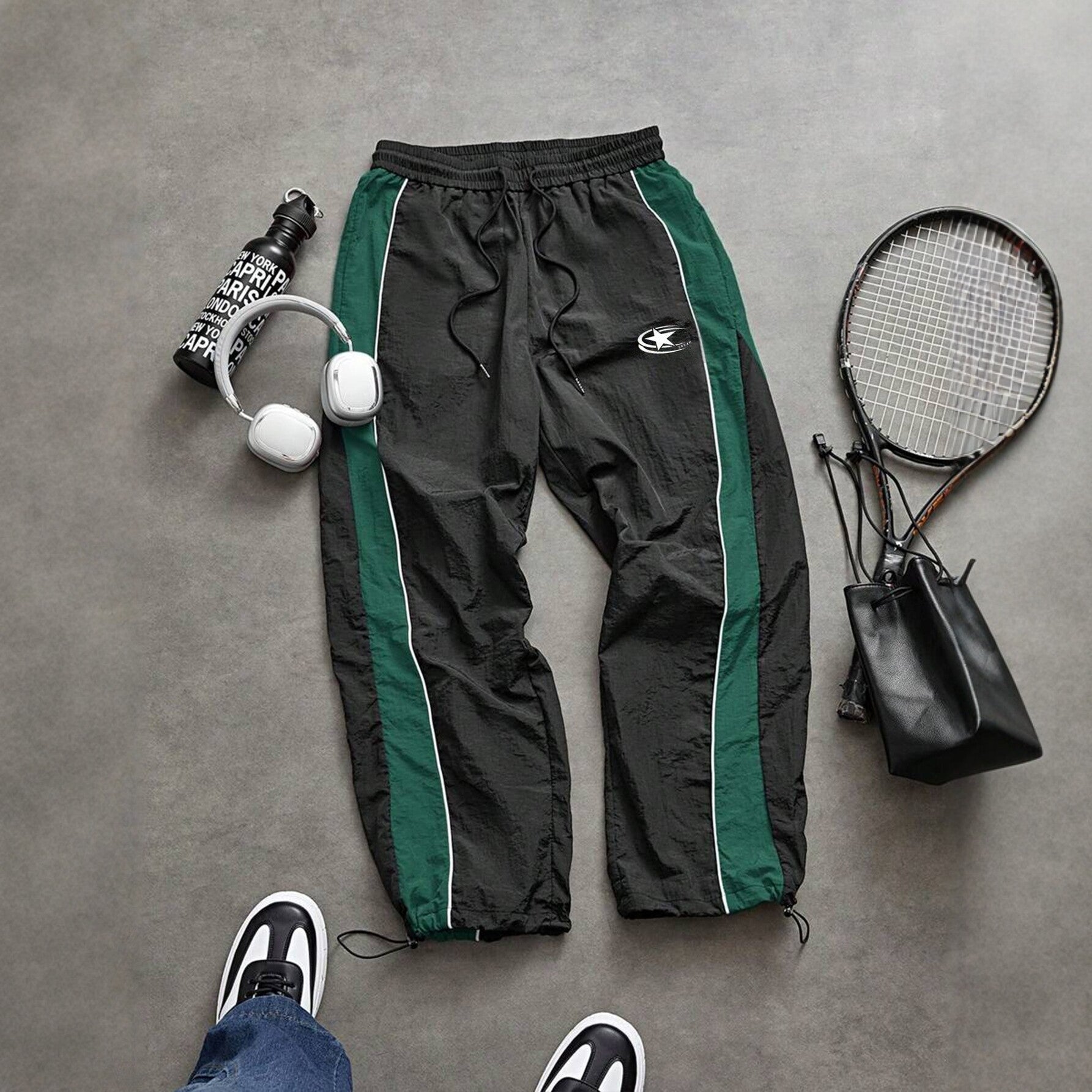 Men's spliced color-blocking printed casual pants with drawstring cuffs and loose straight-leg trousers